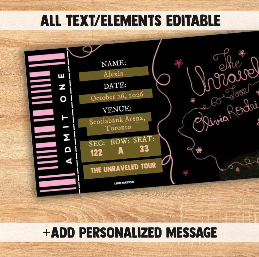 3 Pcs Unraveled Tour Editable Souvenir ticket, Olivia Rodrigo Pop singer themed Gift, Printable Girls Boys gift PDF, Instant download Surprise