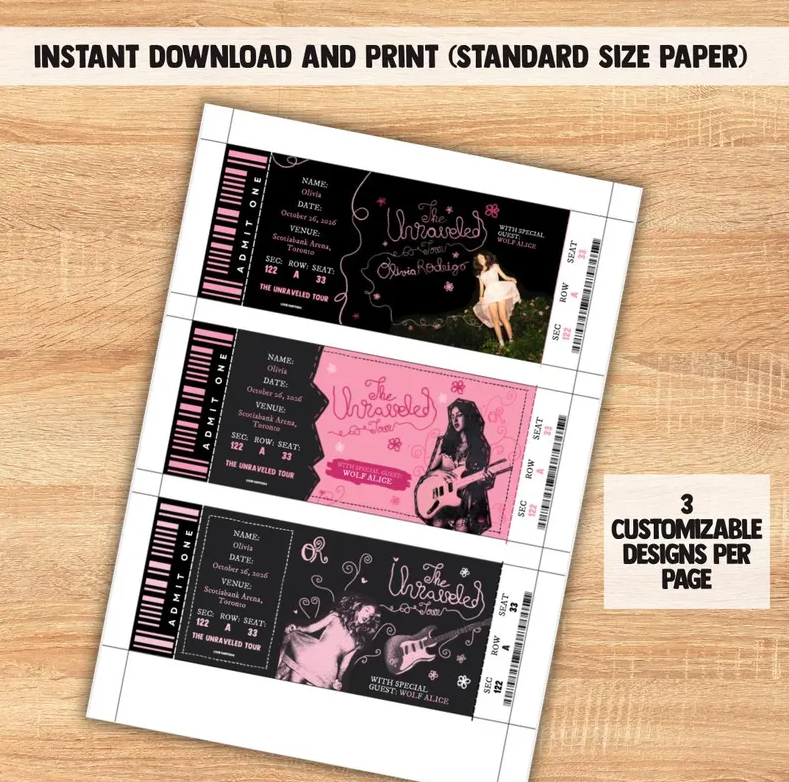 3 Pcs Unraveled Tour Editable Souvenir ticket, Olivia Rodrigo Pop singer themed Gift, Printable Girls Boys gift PDF, Instant download Surprise