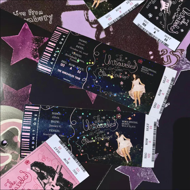 Custom Unraveled Tour Souvenir ticket, Printed Olivia Rodrigo Pop singer themed, Girls Boys gift, Glossy holographic, Printed Next day shipping
