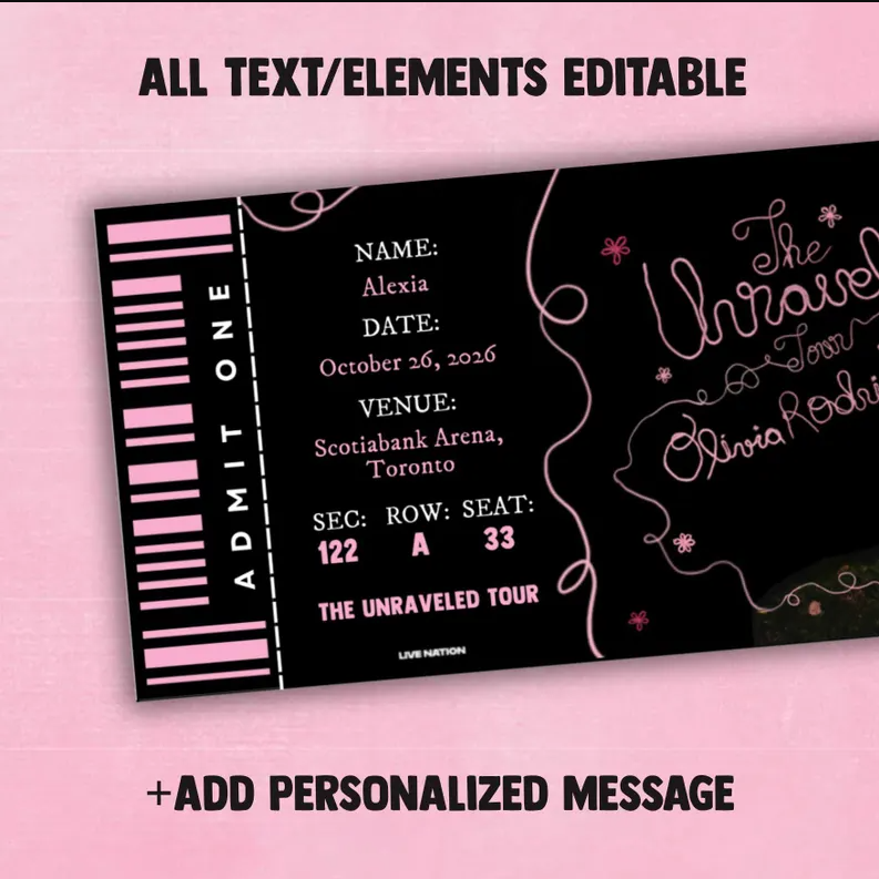 Custom Unraveled Tour Souvenir ticket, Printed Olivia Rodrigo Pop singer themed, Girls Boys gift, Glossy holographic, Printed Next day shipping