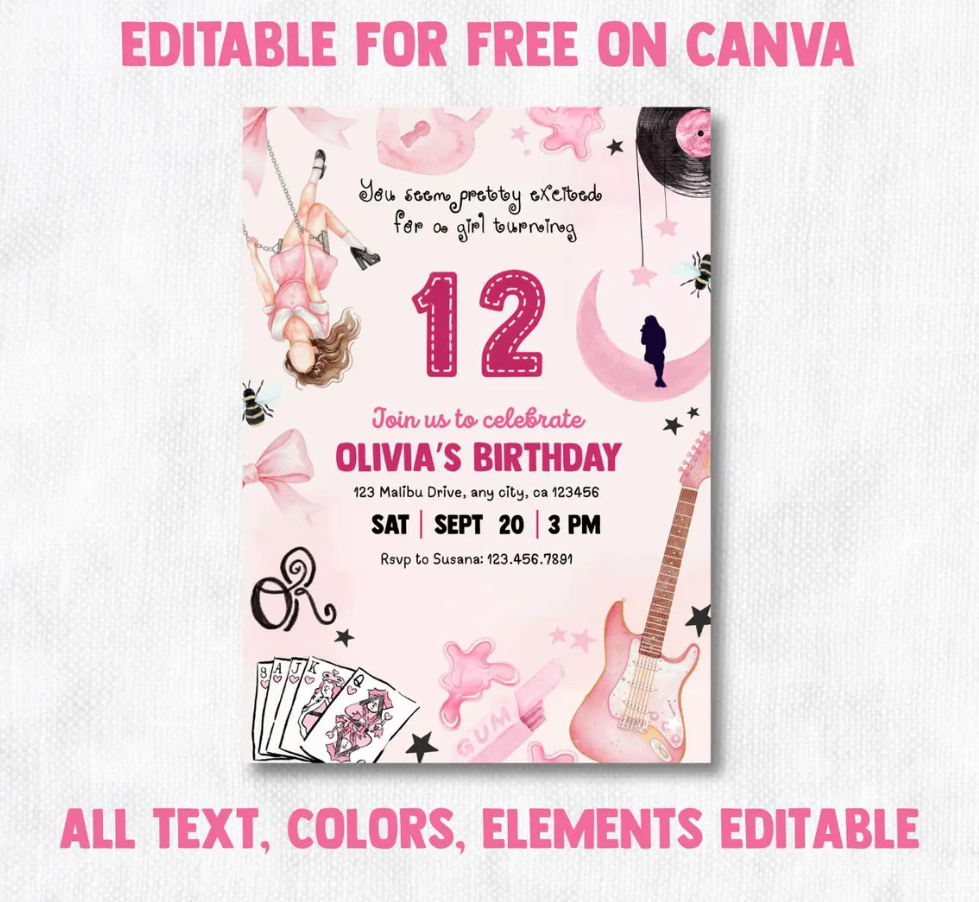 Olivia Rodrigo Themed party invitation, OR3 Pop star Birthday Theme, Canva editable, PDF Print
