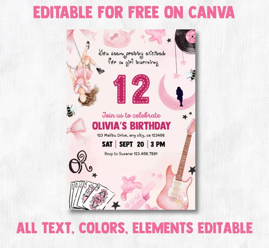 Olivia Rodrigo Themed party invitation, OR3 Pop star Birthday Theme, Canva editable, PDF Print