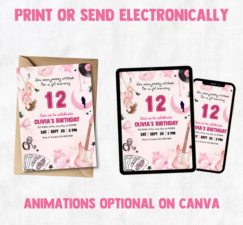 Olivia Rodrigo Themed party invitation, OR3 Pop star Birthday Theme, Canva editable, PDF Print