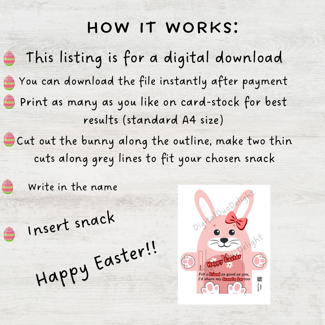 Granola Bar Bunny Easter Basket Gift for School Friends Boys Girls Easter Instant Download Printable Cute Bunny Snack Bag Topper Gift