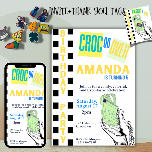 Croc Birthday Party Invitation Thank You Tags Instant Personalized Editable Template