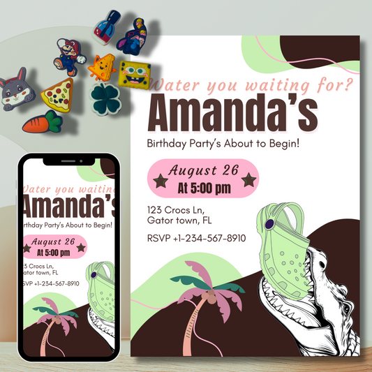 Editable Croc Birthday Party Invitation Personalized Template Crocodile Pool Party Invite