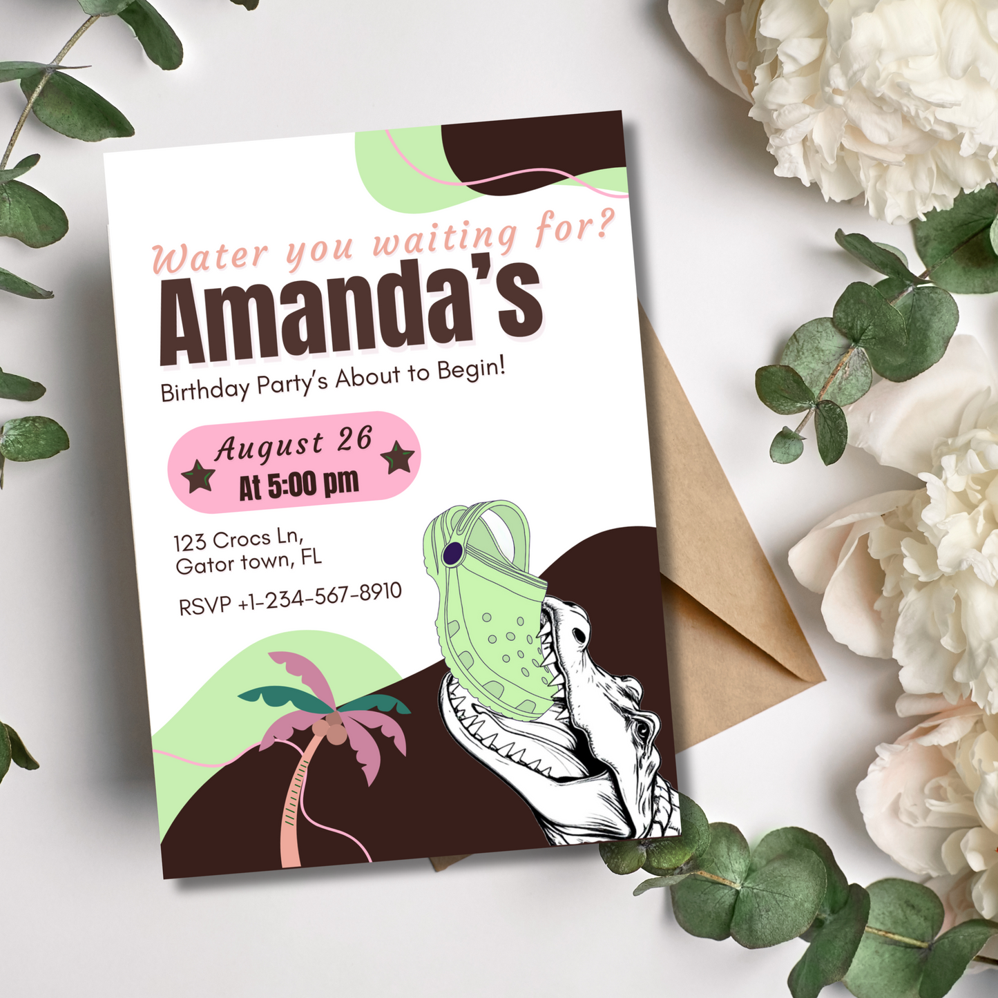 Editable Croc Birthday Party Invitation Personalized Template Crocodile Pool Party Invite