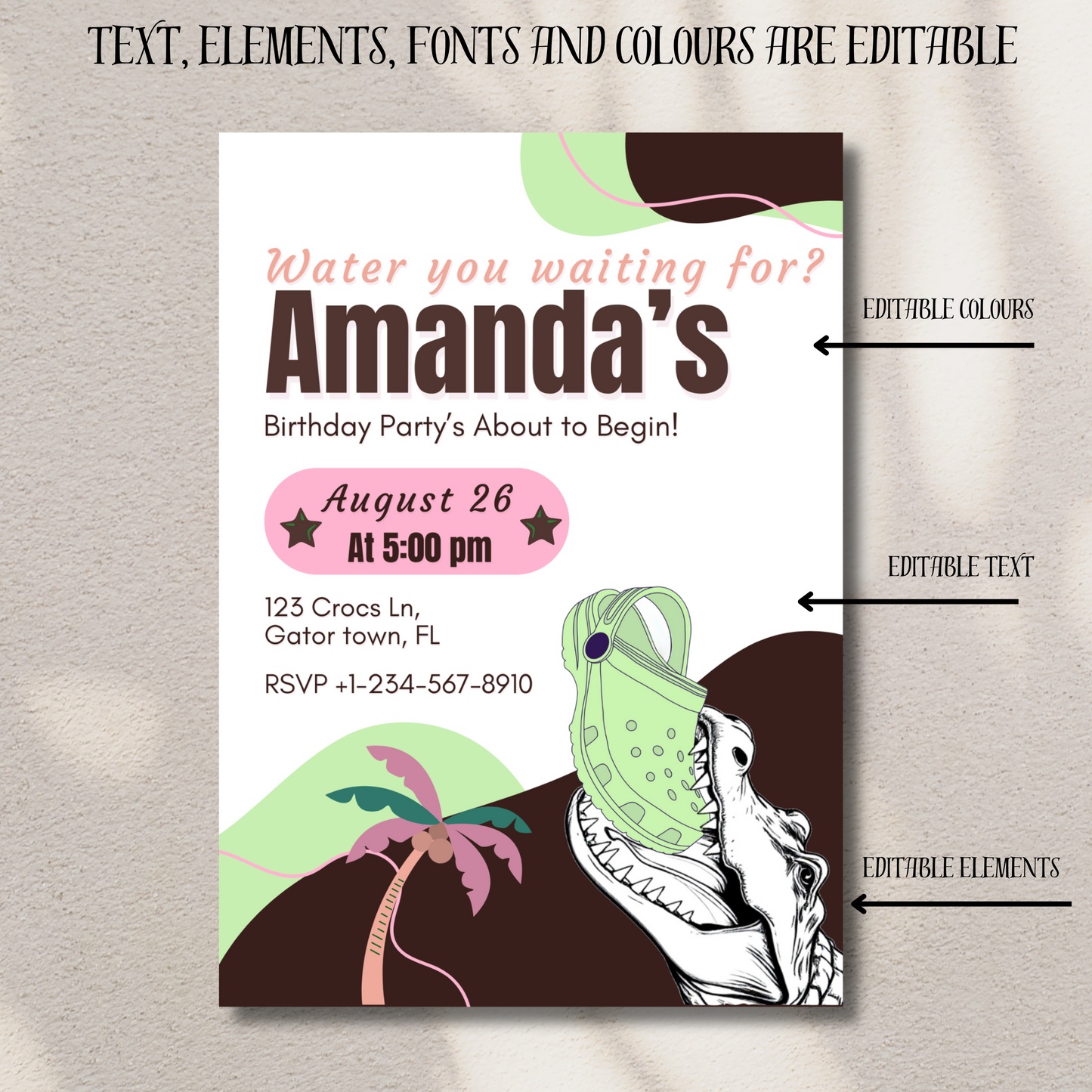Editable Croc Birthday Party Invitation Personalized Template Crocodile Pool Party Invite
