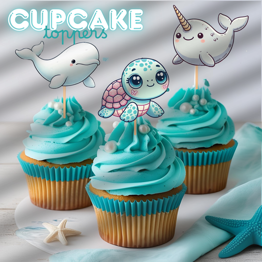 Beluga Whale Turtle Narwhal Seahorse Ocean Animals Theme Cupcake Toppers