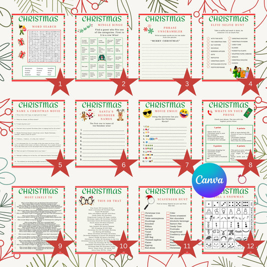 Editable Template Christmas party games, dinner table riddles scavenger holiday edition bundle truth dare mad libs trivia selfie elf snowman