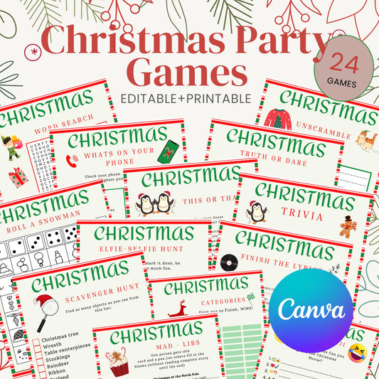 Editable Template Christmas party games, dinner table riddles scavenger holiday edition bundle truth dare mad libs trivia selfie elf snowman
