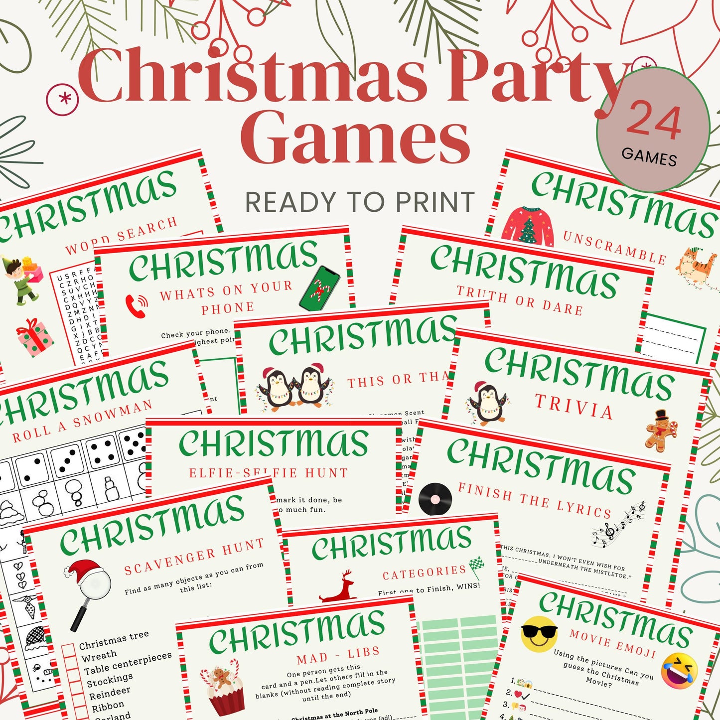 Christmas party games, printable games dinner table riddles scavenger holiday edition bundle truth dare mad libs trivia selfie elf snowman