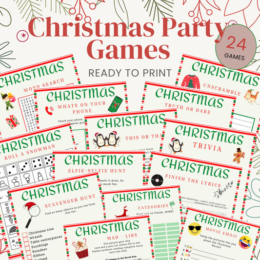 Christmas party games, printable games dinner table riddles scavenger holiday edition bundle truth dare mad libs trivia selfie elf snowman