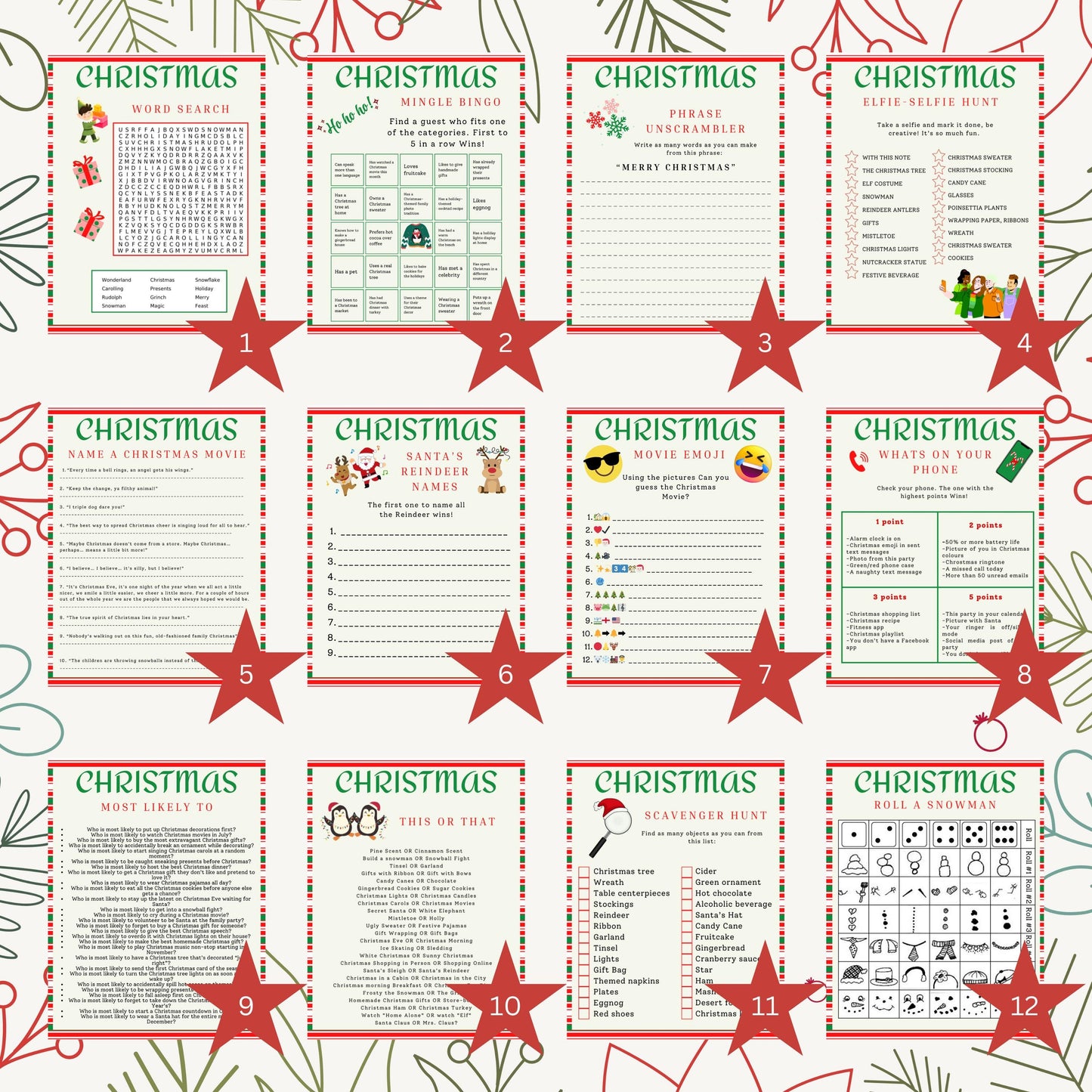 Christmas party games, printable games dinner table riddles scavenger holiday edition bundle truth dare mad libs trivia selfie elf snowman