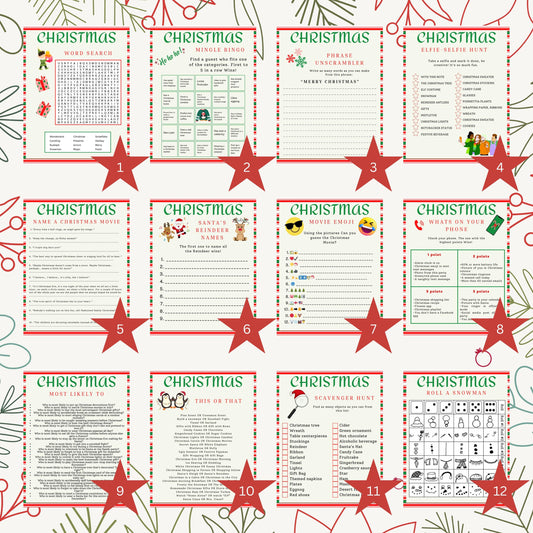 Christmas party games, printable games dinner table riddles scavenger holiday edition bundle truth dare mad libs trivia selfie elf snowman