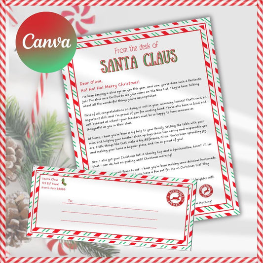 Customizable Santa Claus Letter Canva Editable, Christmas elf, Santa reply postal mail with Envelope Printable. Minimalistic, holiday fun