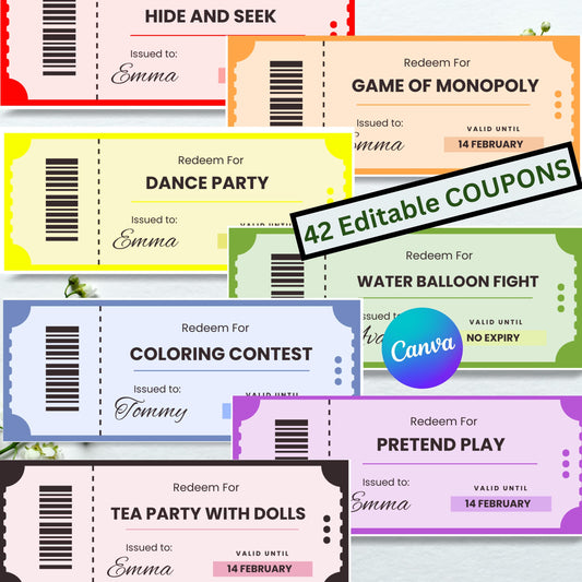 Customizable Editable Kids Coupons digital easy download birthdays Christmas anniversary valentines day gift ideas special events parties