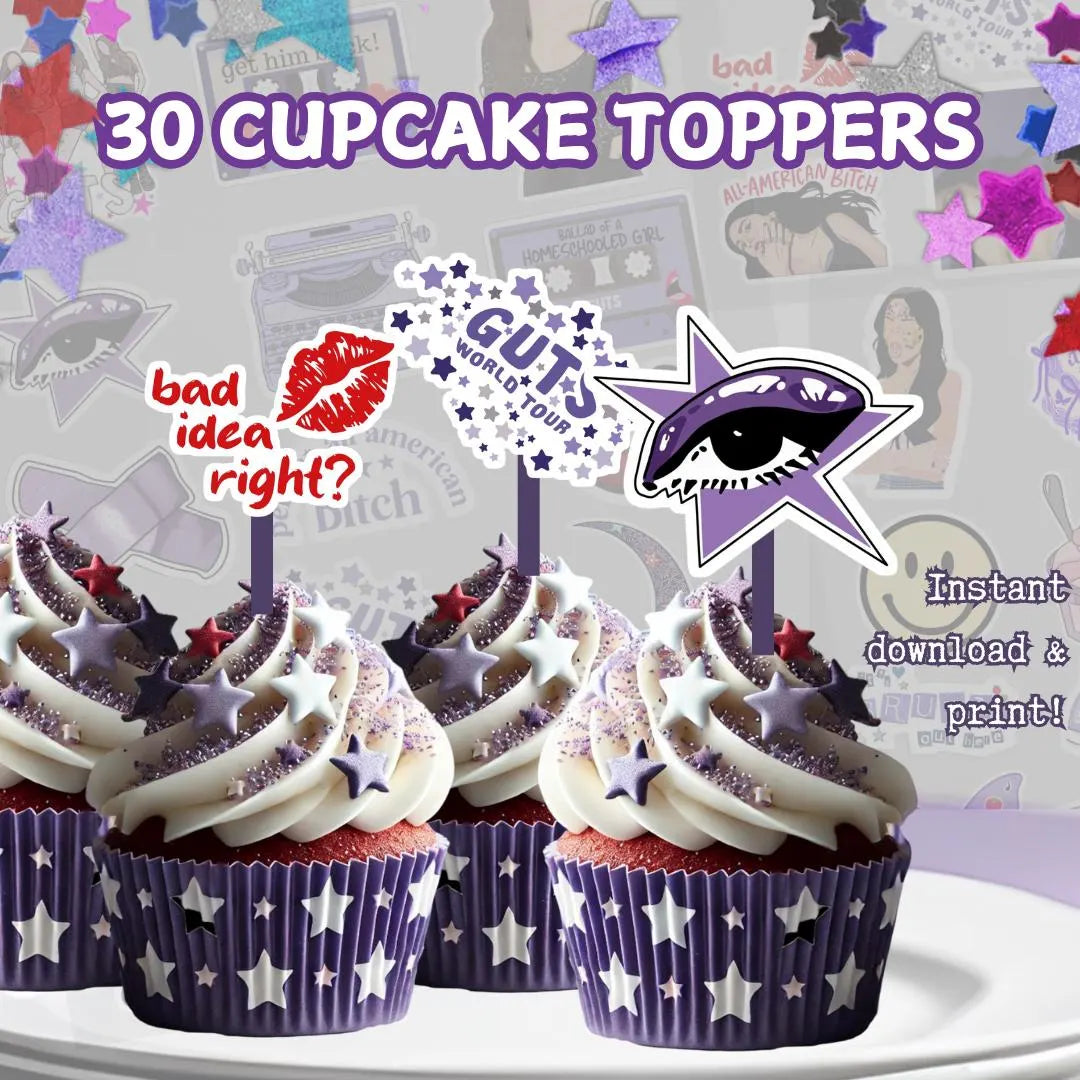 Pop Singer Themed Purple Cupcake treat toppers, inspired by Olivia cake topper, pop star party kids, teen, adult. Birthday decor
