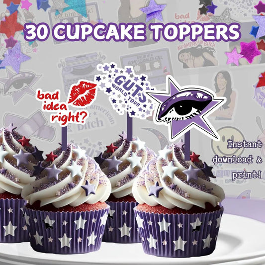 Pop Singer Themed Purple Cupcake treat toppers, inspired by Olivia cake topper, pop star party kids, teen, adult. Birthday decor