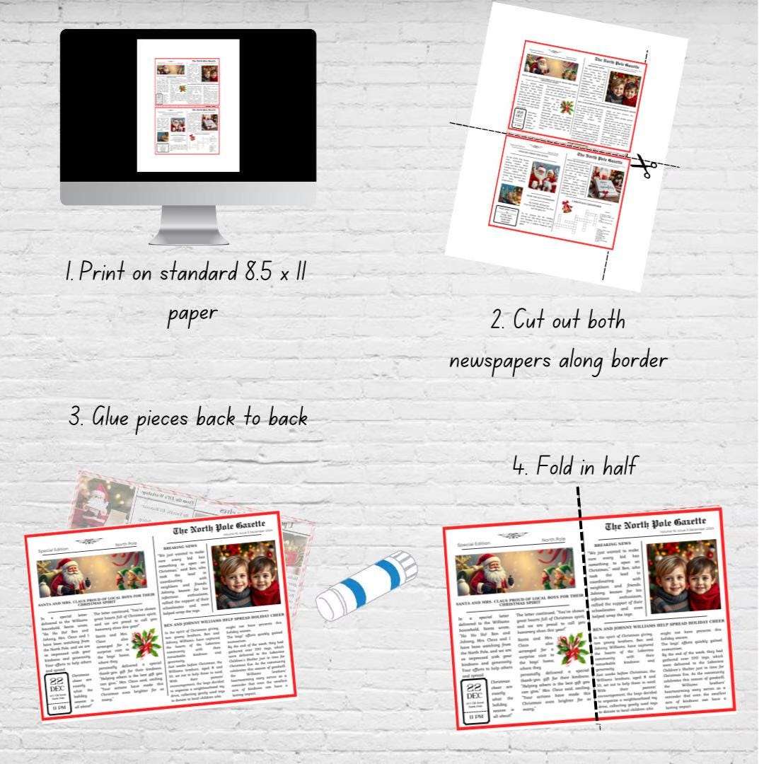 Editable Customizable Personalized Holiday Elf Newspaper, Miniature Prop, Digital Download File Printable Christmas Elf ideas template