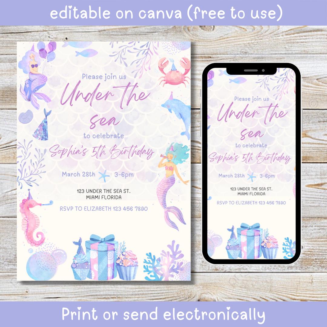 Mermaid Themed Birthday Party Invitation Under the Sea Ocean Pool and Beach party Girls Pink Purple Watercolor themes