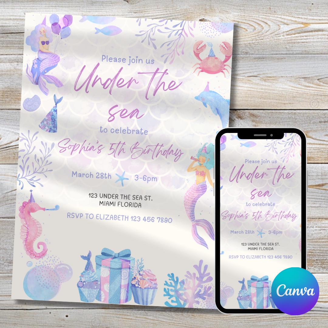 Mermaid Themed Birthday Party Invitation Under the Sea Ocean Pool and Beach party Girls Pink Purple Watercolor themes