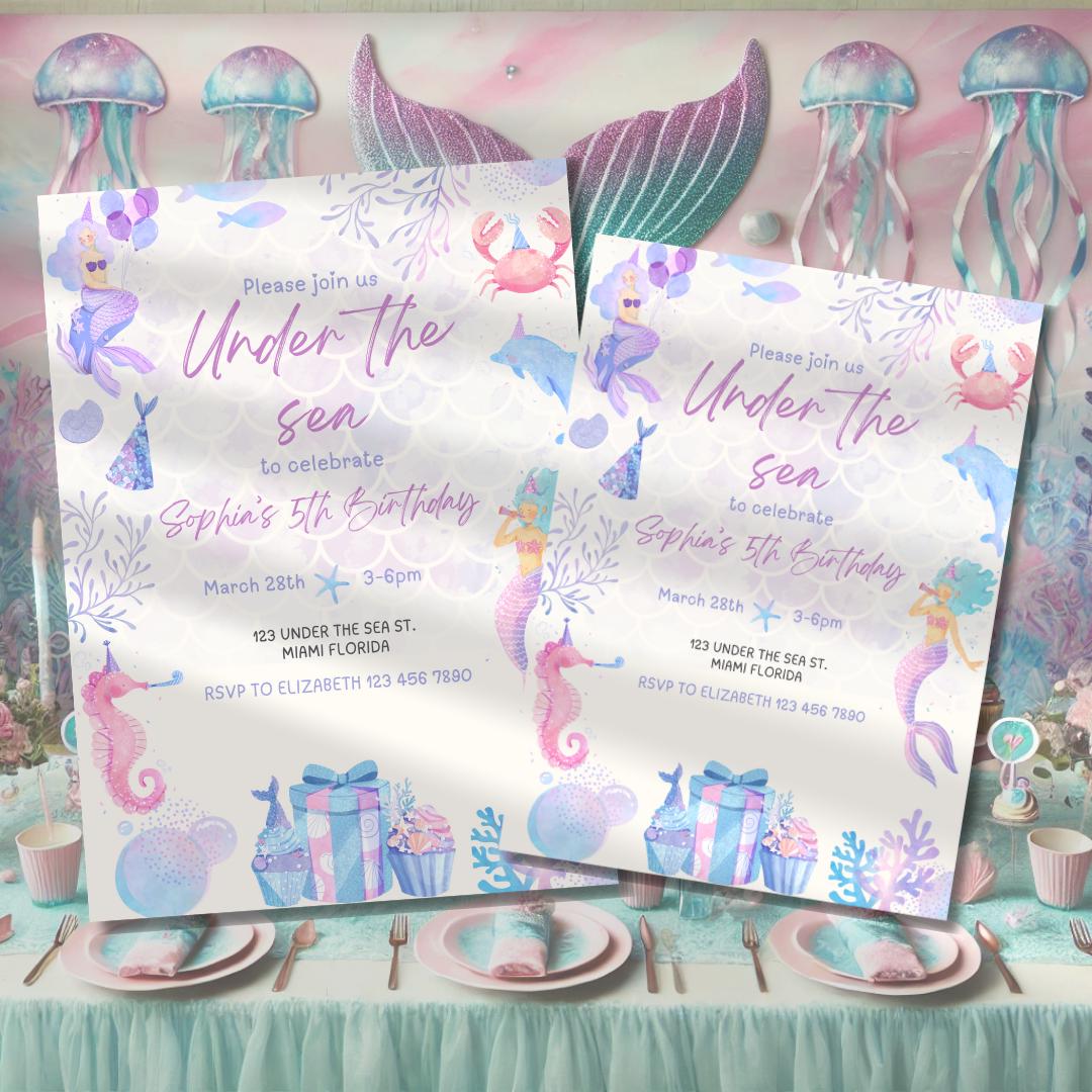 Mermaid Themed Birthday Party Invitation Under the Sea Ocean Pool and Beach party Girls Pink Purple Watercolor themes