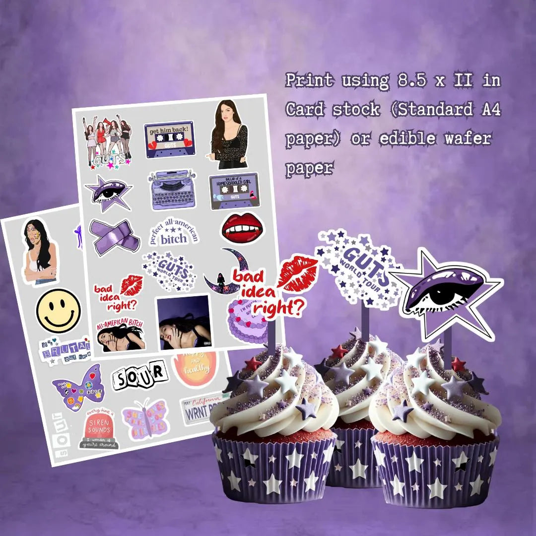 Pop Singer Themed Purple Cupcake treat toppers, inspired by Olivia cake topper, pop star party kids, teen, adult. Birthday decor