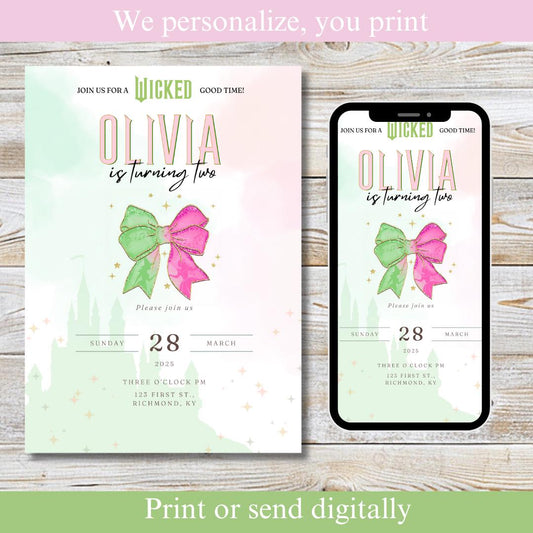 Wicked Birthday invitation, kids baby toddler teen party invite, Elphaba Glinda, pink green coquette bow personalized gift, Wicked fan adult