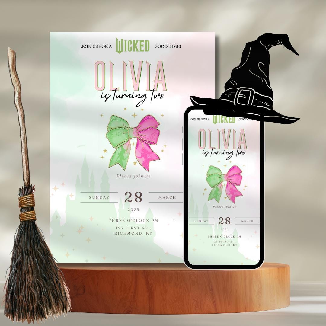 Wicked Birthday invitation, kids baby toddler teen party invite, Elphaba Glinda, pink green coquette bow personalized gift, Wicked fan adult