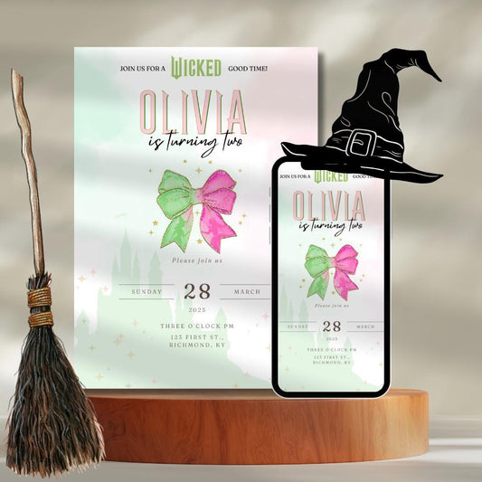 Wicked Birthday invitation, kids baby toddler teen party invite, Elphaba Glinda, pink green coquette bow personalized gift, Wicked fan adult