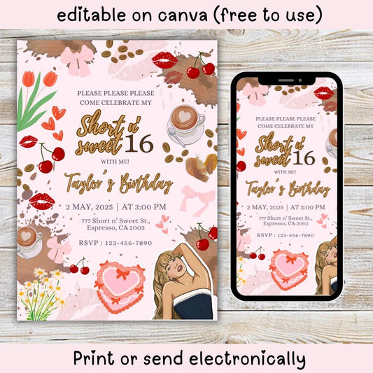 Sabrina Espresso Invitation, Birthday Pop Singer Inspired, Canva Editable Template, Kids Teens Adults party Invite, Sabrina  Carpenter Theme