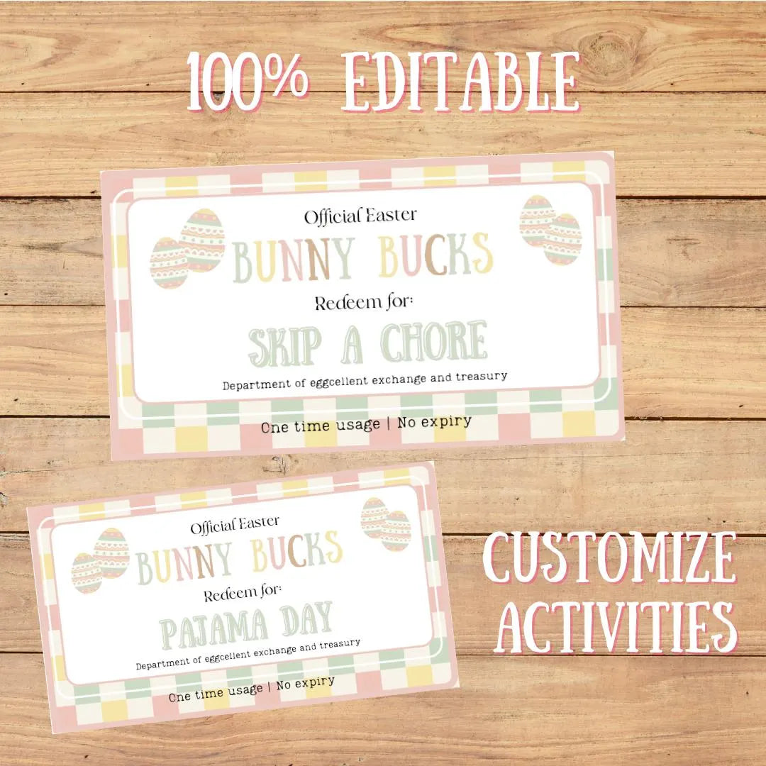 Bunny Bucks, Egg Fillers Easter bunny Egg hunt, Kids Easter activities, Easter Basket filler coupons, Canva Editable Custom, Printable download