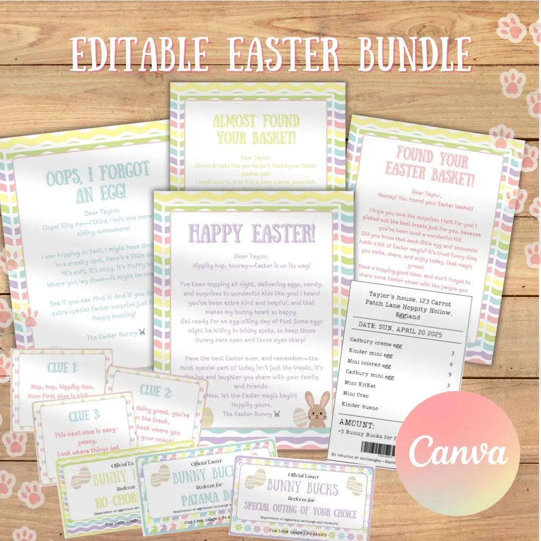 Easter Bunny Bundle Egg hunt, 12+ Printable Bunny surprises, letters coupons, Kids/Teens Easter Activities, Template, Customizable