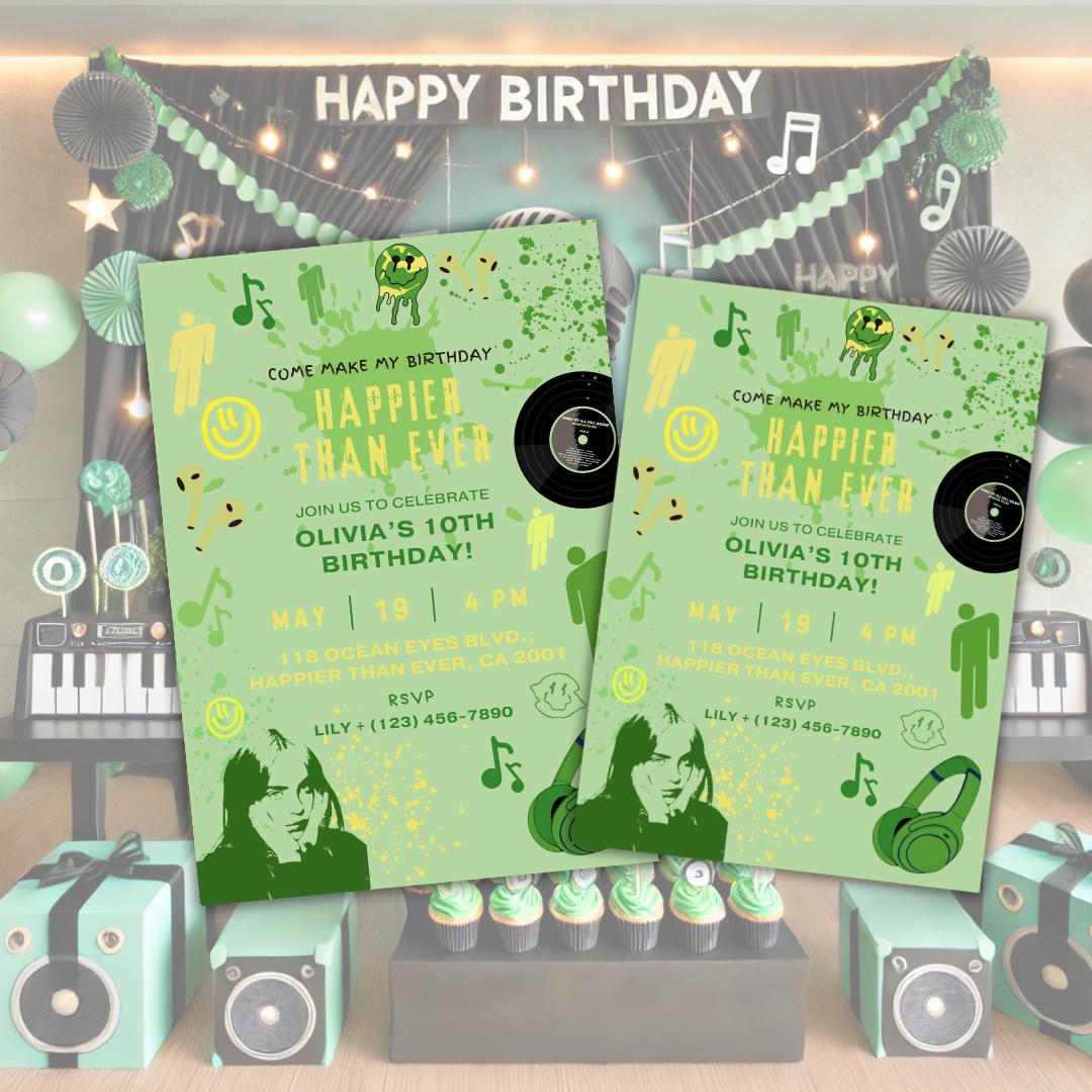 Happier Than Ever Invitation, Billie Eilish Inspired, Kids Teens Adult Party invite, Pop singer themed, Canva Editable, Personalized