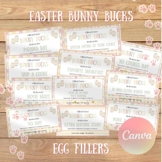 Bunny Bucks, Egg Fillers Easter bunny Egg hunt, Kids Easter activities, Easter Basket filler coupons, Canva Editable Custom, Printable download