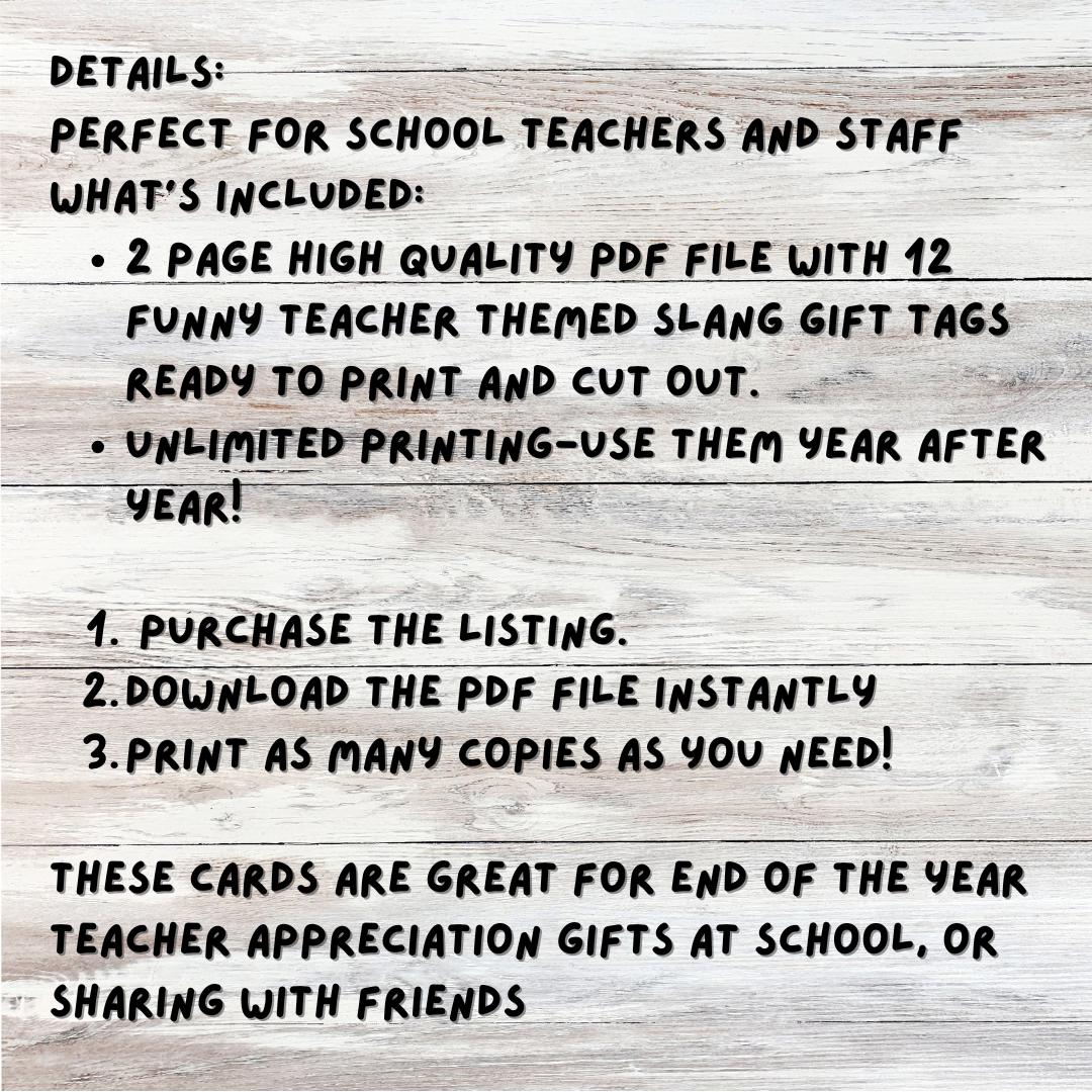 Kids Slang Teacher Gift Tags, End of Year Printable Tags from Kids, Gen Z Gen Alpha Slang, Instant Download, 12 Tags instant download PDF