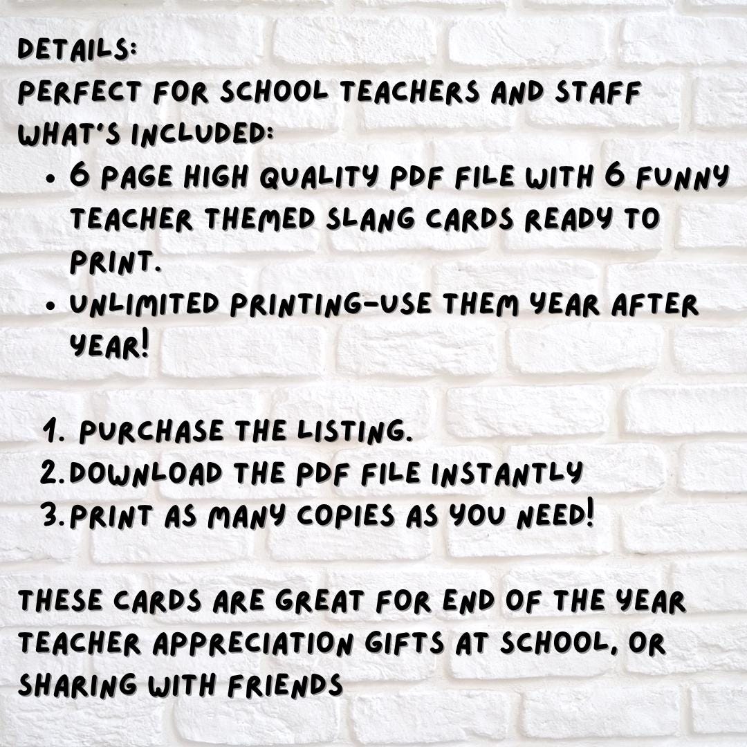 Kids Slang Teacher Appreciation Card, 6 Funny slang teacher cards Printable Digital Download, A4 Print at Home DIY, Kids Thank You card