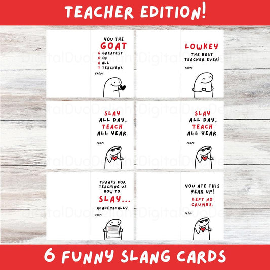 Kids Slang Teacher Appreciation Card, 6 Funny slang teacher cards Printable Digital Download, A4 Print at Home DIY, Kids Thank You card