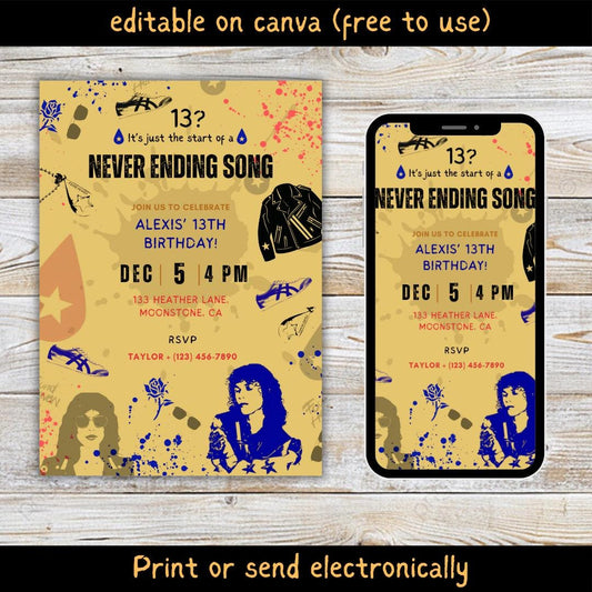 Never Ending Song Invitation, Music Themed Pop star Party, Kids Teen Birthday ideas, Adult celebration invite, Canva editable, Printable