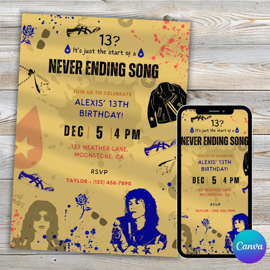 Never Ending Song Invitation, Music Themed Pop star Party, Kids Teen Birthday ideas, Adult celebration invite, Canva editable, Printable