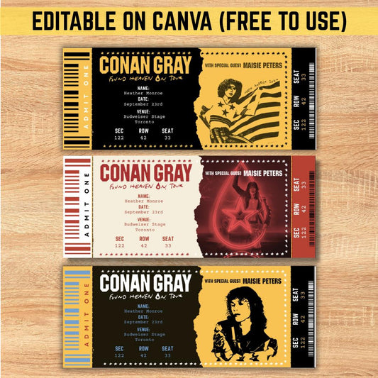 Editable Found Heaven Souvenir ticket, 3 pcs Conan Pop singer themed Gift, Printable Girls Boys gift PDF, Instant download Surprise Tour