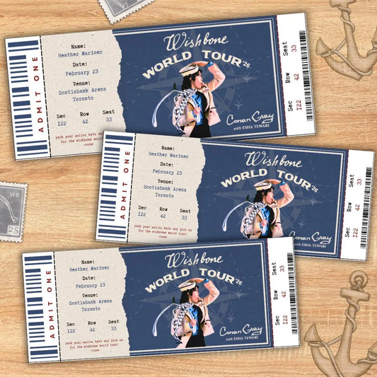 Editable Wishbone World Tour Souvenir ticket, 3 pcs Conan Pop singer themed Gift, Printable Girls Boys gift PDF, Instant download Surprise