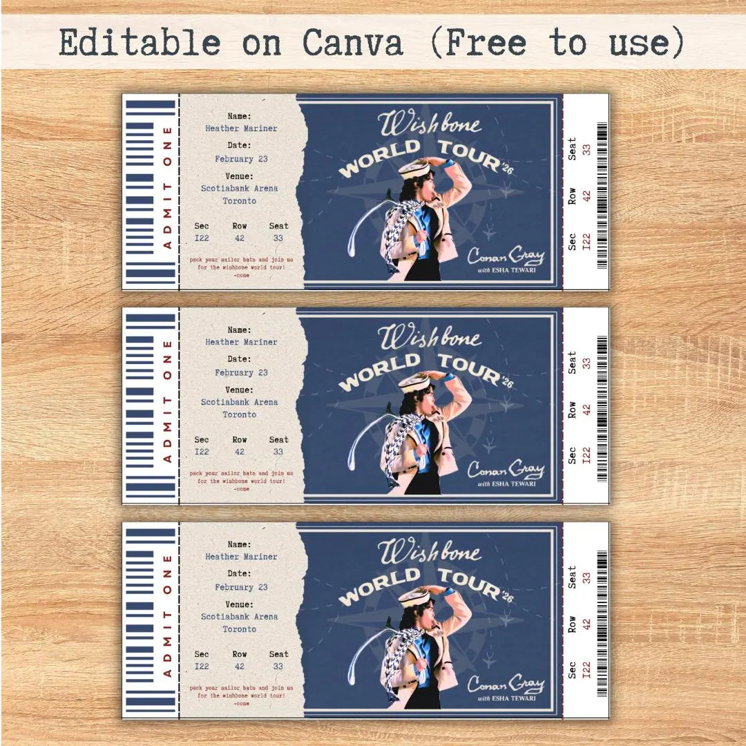 Editable Wishbone World Tour Souvenir ticket, 3 pcs Conan Pop singer themed Gift, Printable Girls Boys gift PDF, Instant download Surprise