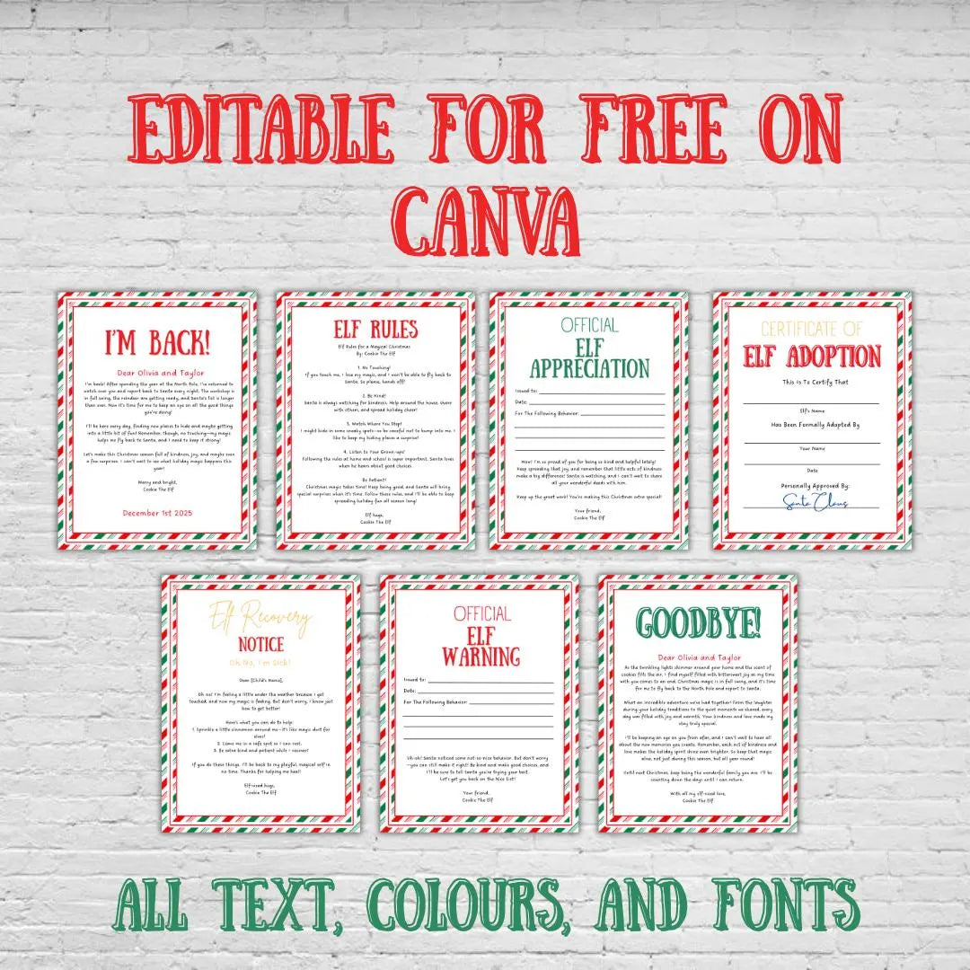 Customizable Elf letters, Christmas Printables Canva editable PDF, Kids Christmas Santa Letters, Custom gift 7 pcs