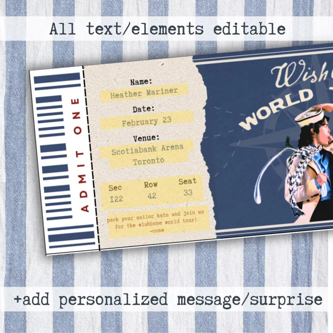 Editable Wishbone World Tour Souvenir ticket, 3 pcs Conan Pop singer themed Gift, Printable Girls Boys gift PDF, Instant download Surprise