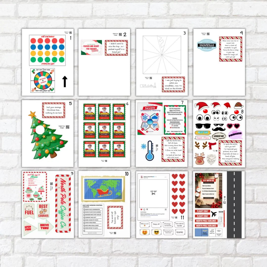 Printable Elf Scenes Lot of 24 Props Christmas Setup Letters Notes Activities Accessories Coloring Pages Instant Digital Download