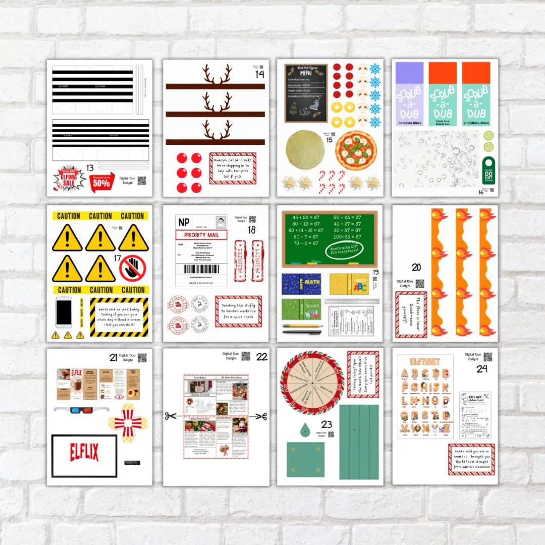 Printable Elf Scenes Lot of 24 Props Christmas Setup Letters Notes Activities Accessories Coloring Pages Instant Digital Download