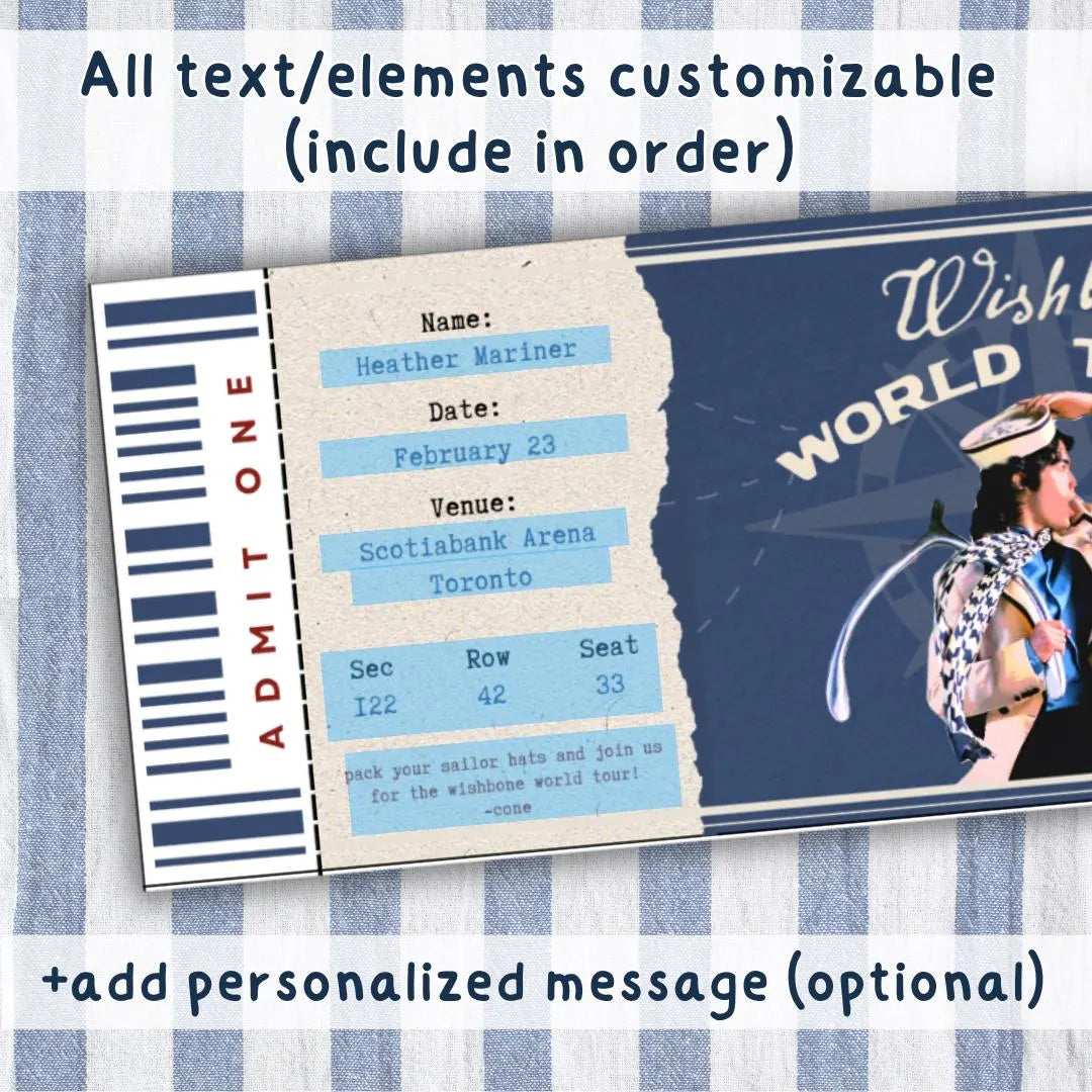 Custom Wishbone World Tour Souvenir ticket, Printed Conan Pop singer themed, Girls Boys gift, Glossy holographic