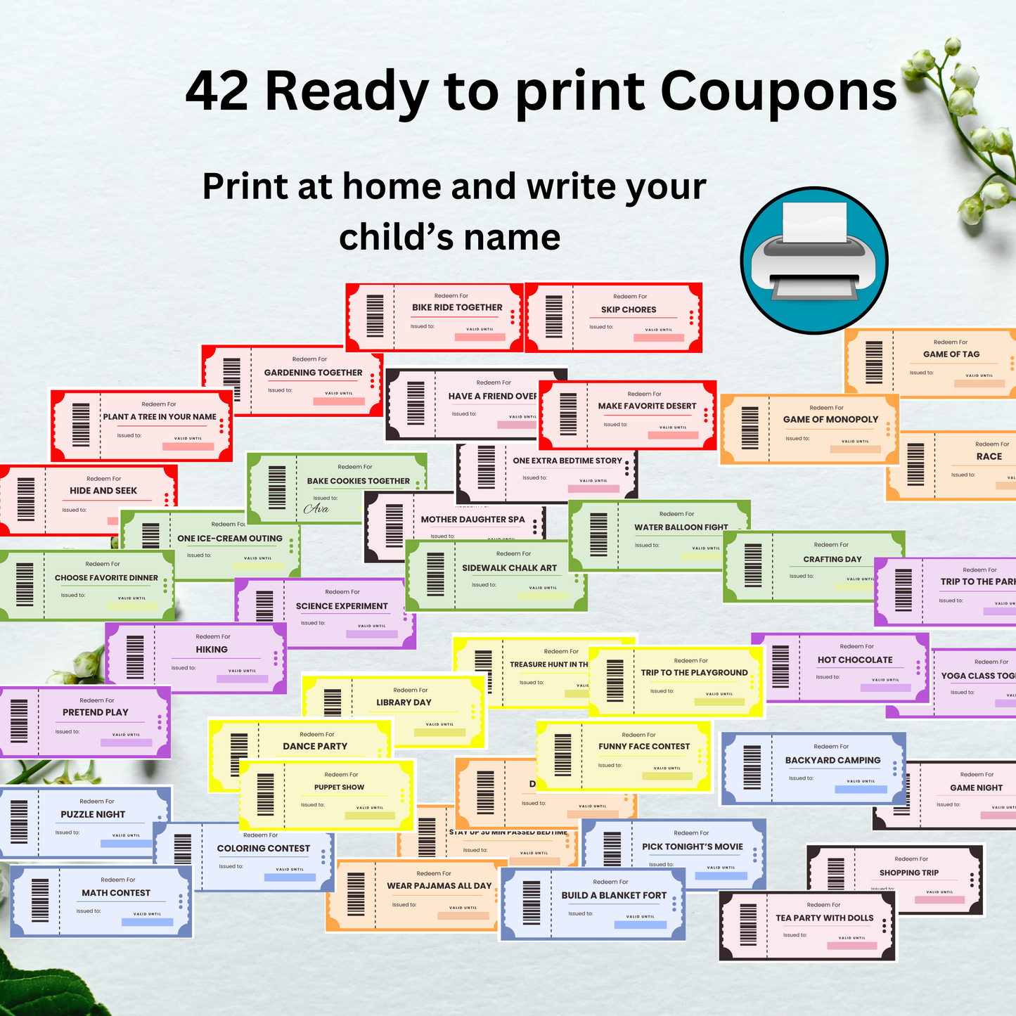 Printable Kids Coupons digital easy download birthdays Christmas anniversary valentines day gift ideas special events parties